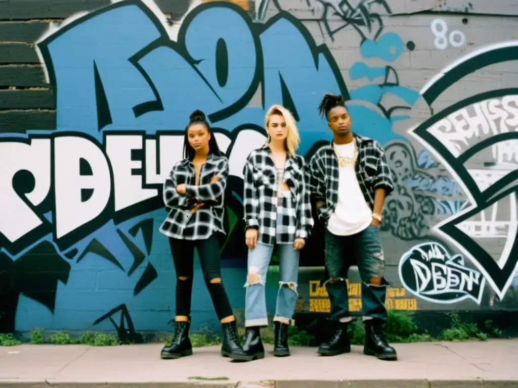 Grupo de jóvenes con moda grunge de los 90 frente a pared con grafitis, capturando el impacto cultural del grunge en la moda