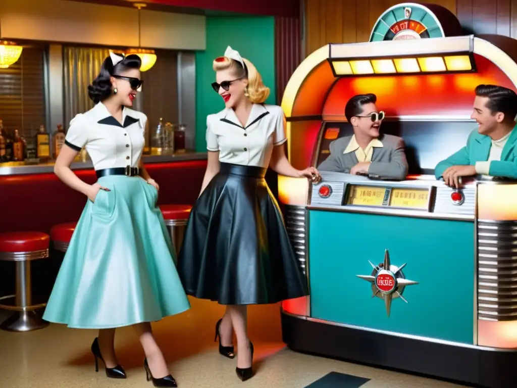 Un grupo de jóvenes vistiendo la moda icónica de los años 50, reunidos alrededor de una jukebox en un diner retro, reviviendo la moda años 50 impacto