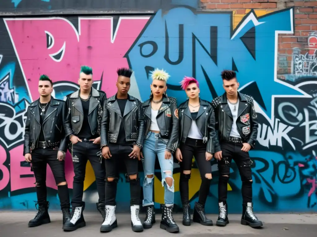 Un grupo de jóvenes en moda punk, con ropa y peinados rebeldes, frente a un muro graffiteado