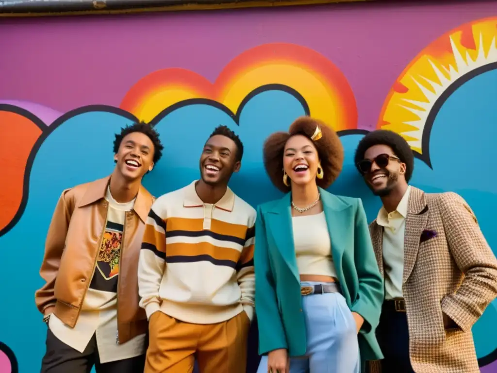 Grupo de jóvenes en moda retro de los 70s frente a una pared llena de graffiti, disfrutando de la puesta de sol