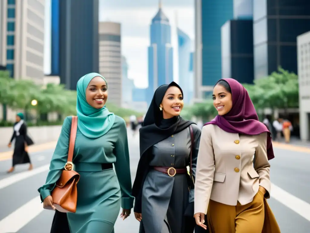 Grupo de jóvenes mujeres musulmanas con estilo propio caminando por la ciudad