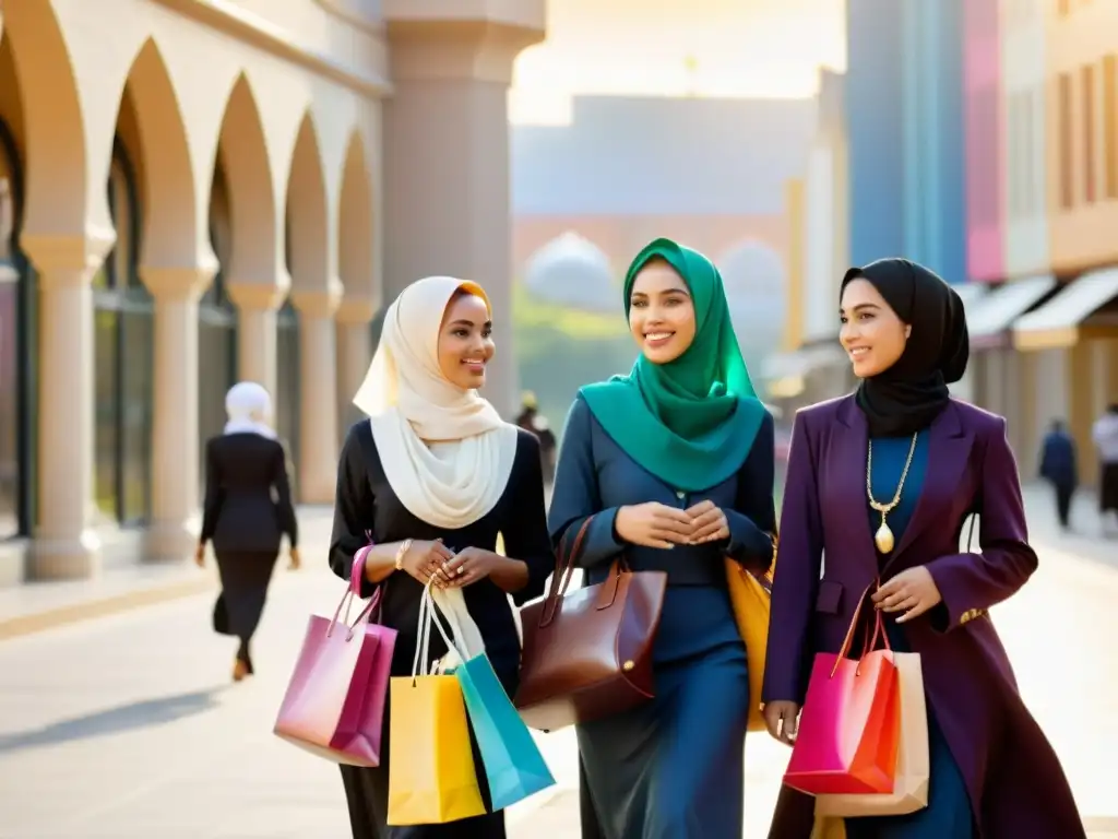 Un grupo de jóvenes mujeres musulmanas visten moderna moda islámica, paseando por la ciudad entre arquitectura tradicional y contemporánea