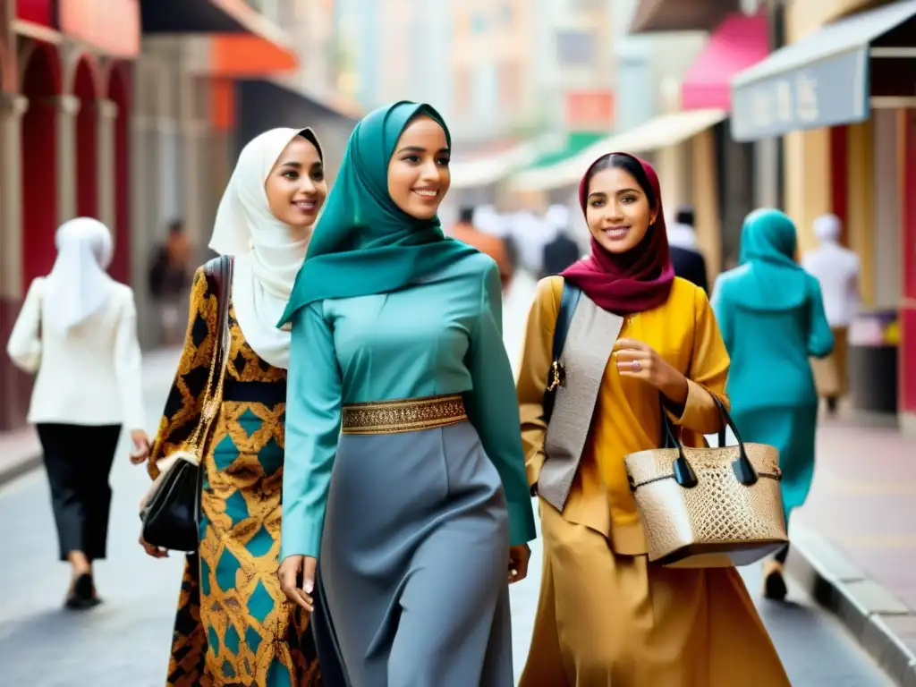 Grupo de jóvenes musulmanas luciendo moda islámica: tradición y modernidad en la bulliciosa calle de la ciudad