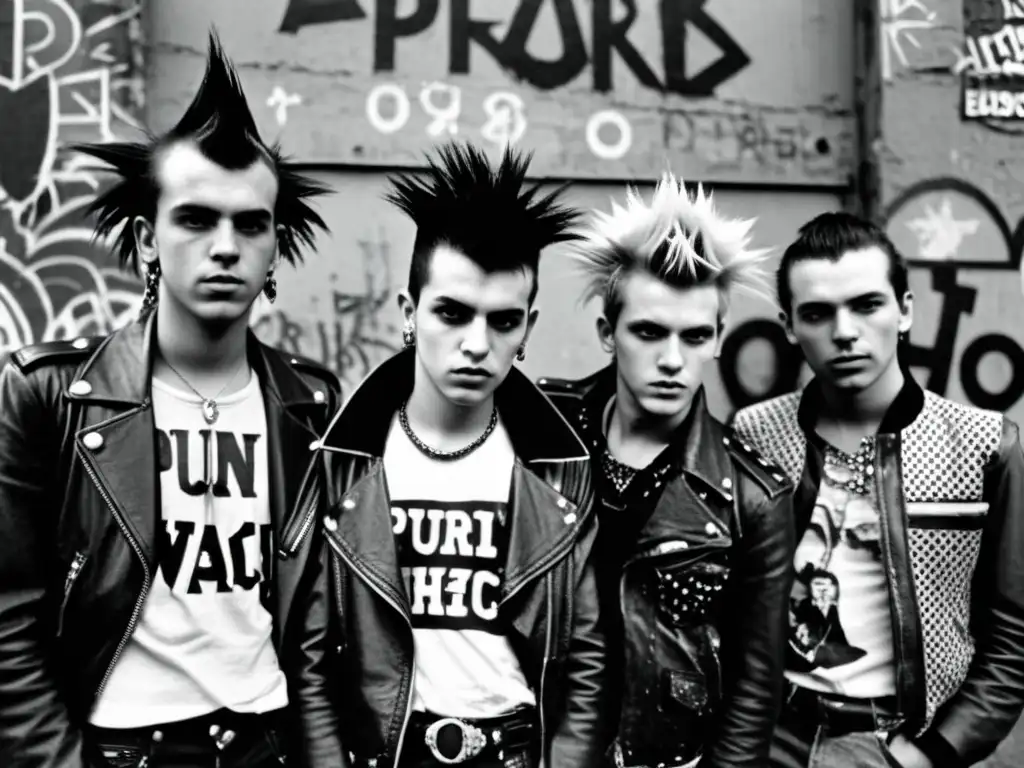 Grupo de jóvenes punks desafiantes en Europa, moda punk siglo 70