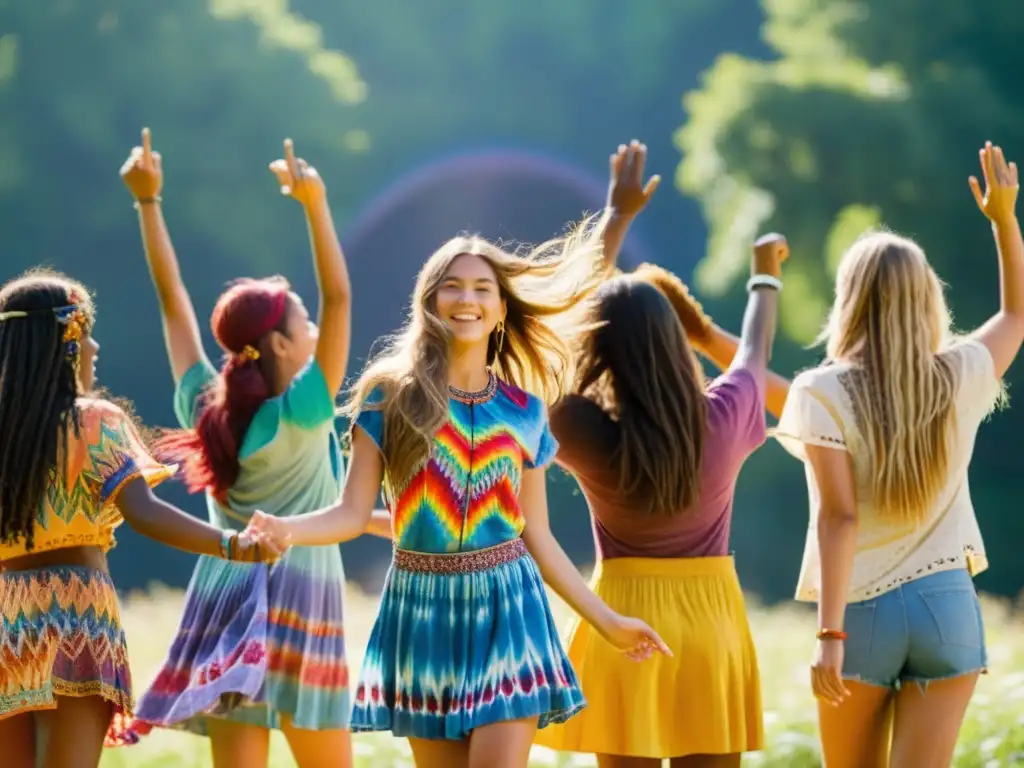 Un grupo de jóvenes con ropa colorida y largos cabellos se reúnen en un campo soleado, bailando al son de la música de una banda en vivo