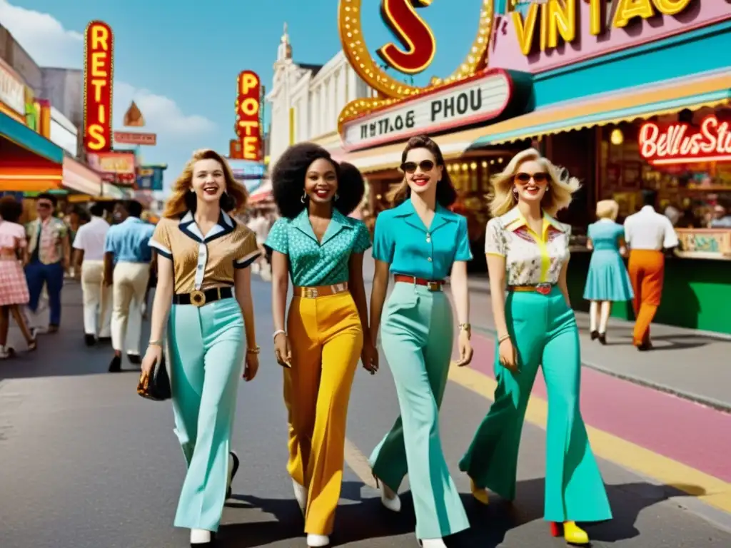 Grupo de jóvenes en ropa vintage paseando por una calle de la ciudad, llena de tiendas retro y letreros de neón