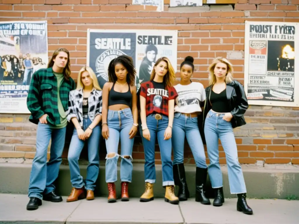 Grupo de jóvenes en Seattle de los 90, vestidos con moda grunge, frente a una pared graffiteada