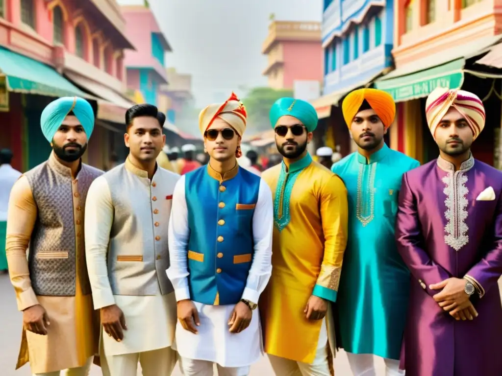 Grupo de jóvenes vestidos con moda tradicional y contemporánea en calles vibrantes de la India, reflejando la evolución moda masculina India