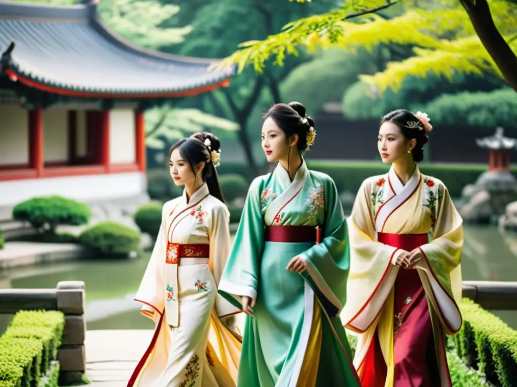 Un grupo de jóvenes viste vestimenta tradicional china hanfu, paseando en un jardín con flores y vegetación exuberante