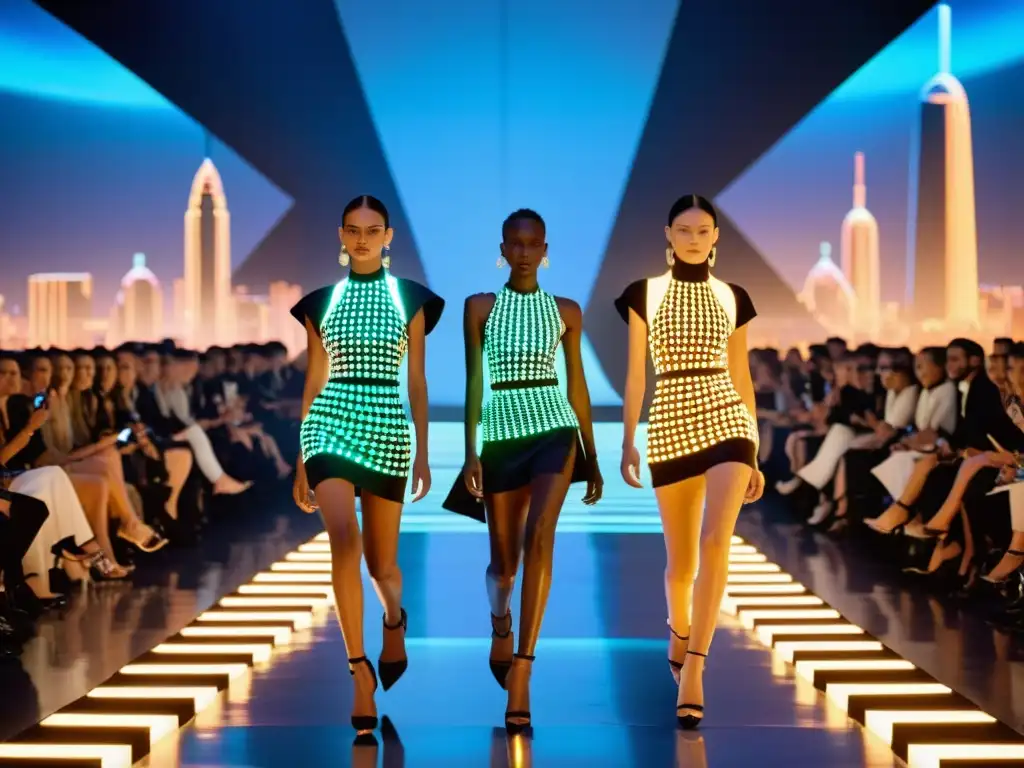 Grupo de modelos desfilando con diseños de lujo y tecnología LED, simbolizando el impacto cultural de la moda en la era digital