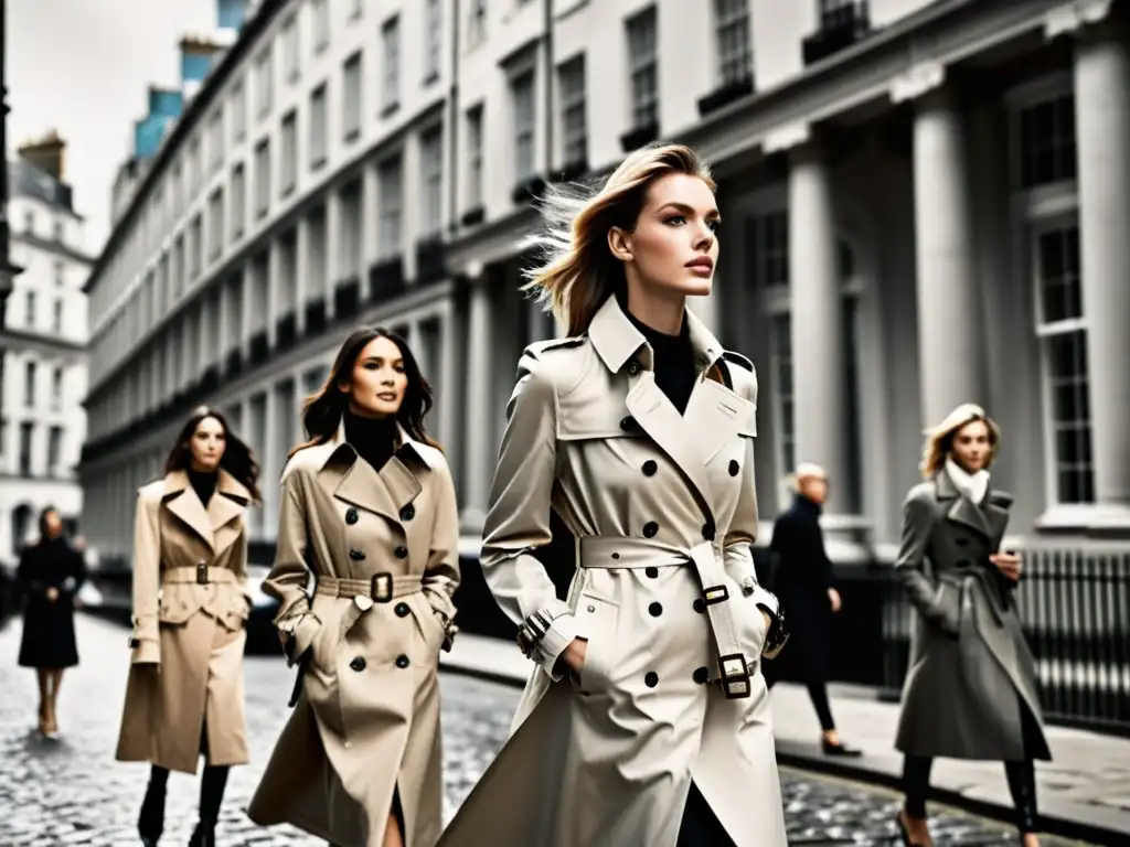 Grupo de modelos con icónicos abrigos Burberry, caminando con confianza por una calle empedrada en Londres