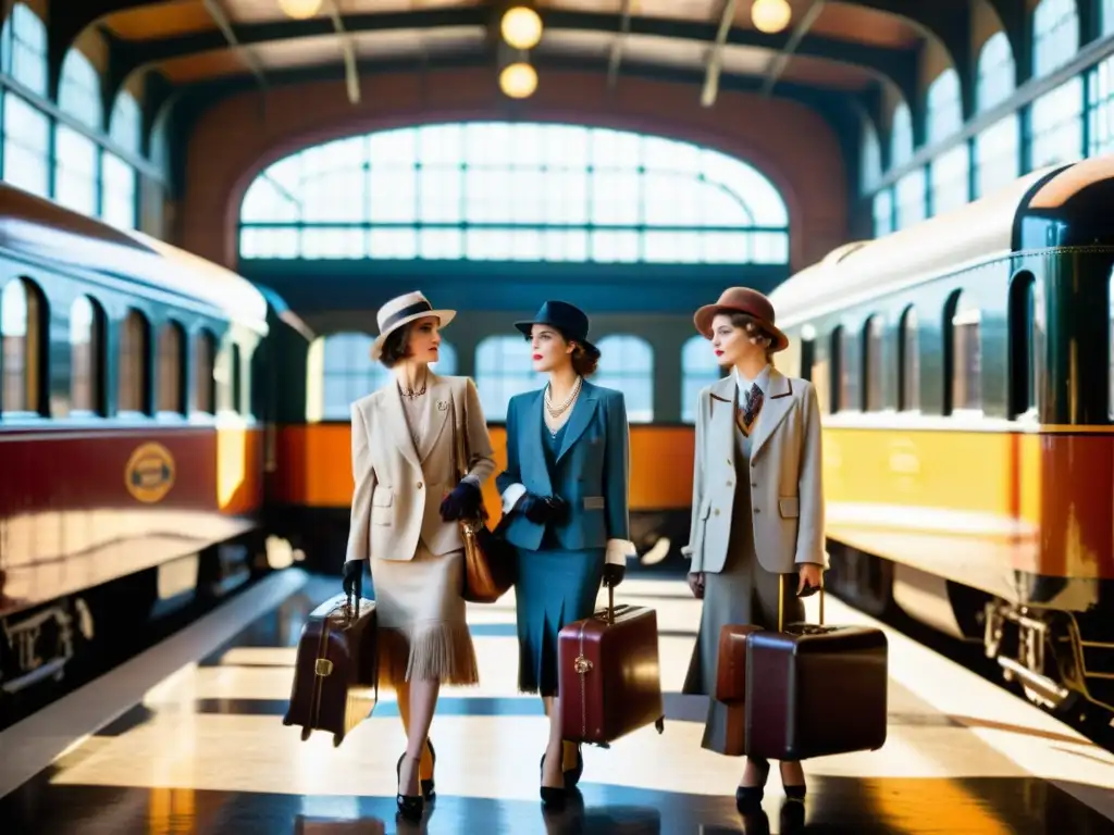 Un grupo de modelos viste moda inspirada en los años 1920 en una estación de tren vintage, evocando la elegancia de la época