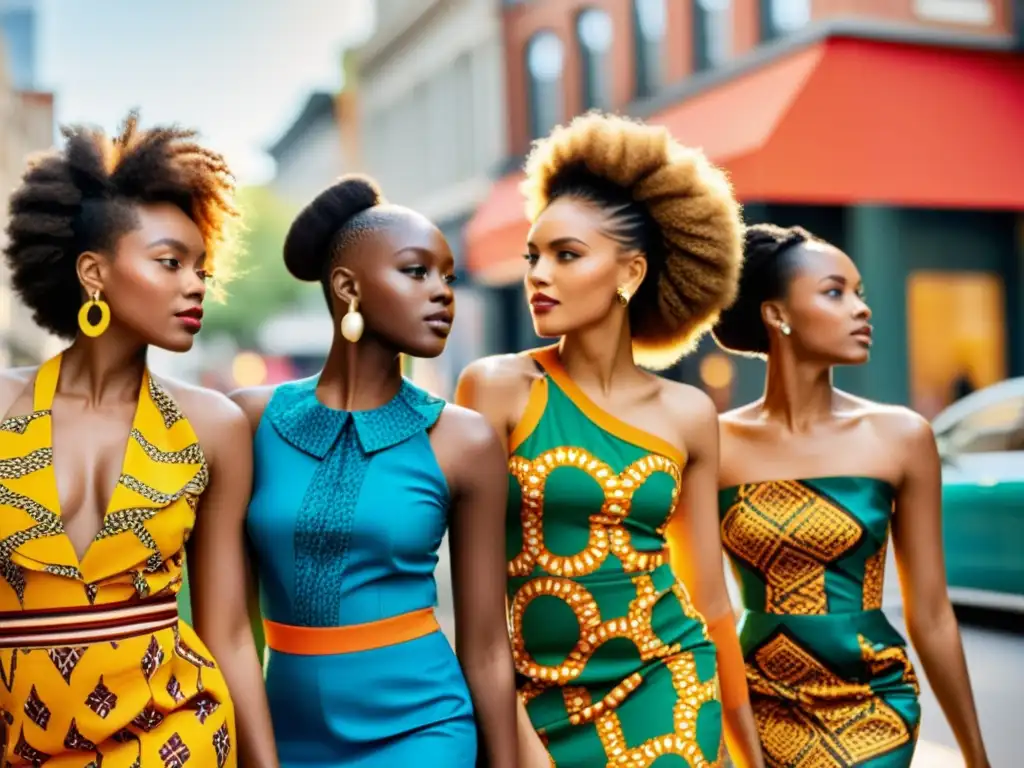 Un grupo de modelos con peinados naturales y atuendos vibrantes de estampados africanos caminan con confianza por una bulliciosa calle de la ciudad