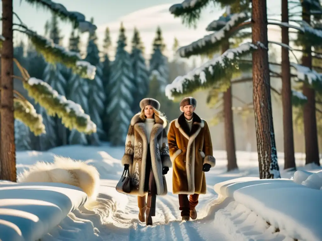 Grupo de modelos rusas en abrigos de piel y gorros ushanka, caminan por un bosque nevado