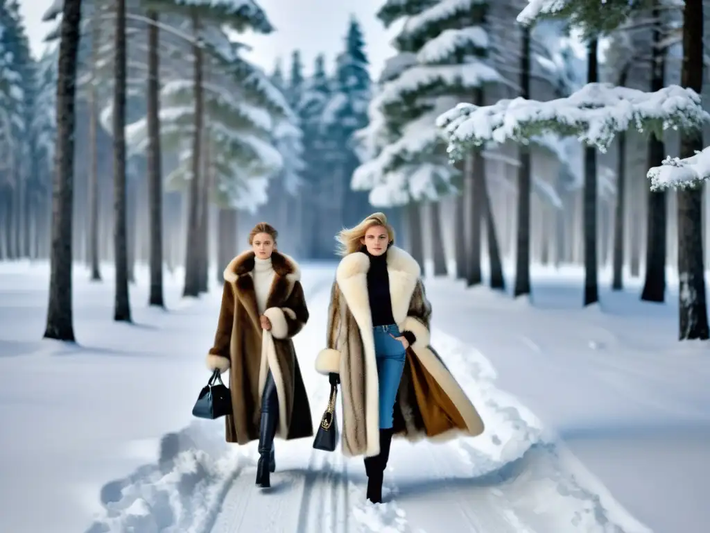 Un grupo de modelos rusas desfilan elegantes por un bosque nevado, luciendo moda de invierno en Rusia con abrigos de piel y pañuelos tradicionales