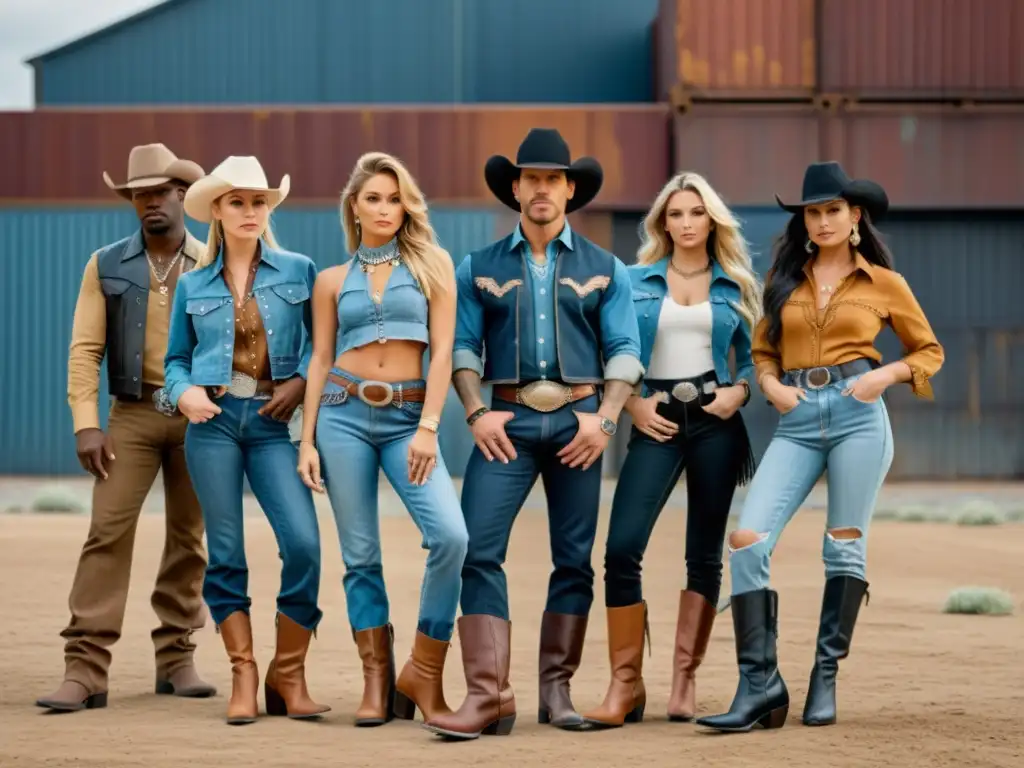 Grupo de modernos cowboys y cowgirls urbanos en un estilo Western y urbano, mostrando el impacto cultural del estilo Western en moda