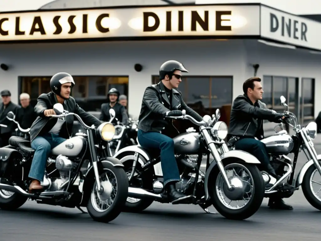 Grupo de motociclistas de los años 50 frente a un diner clásico