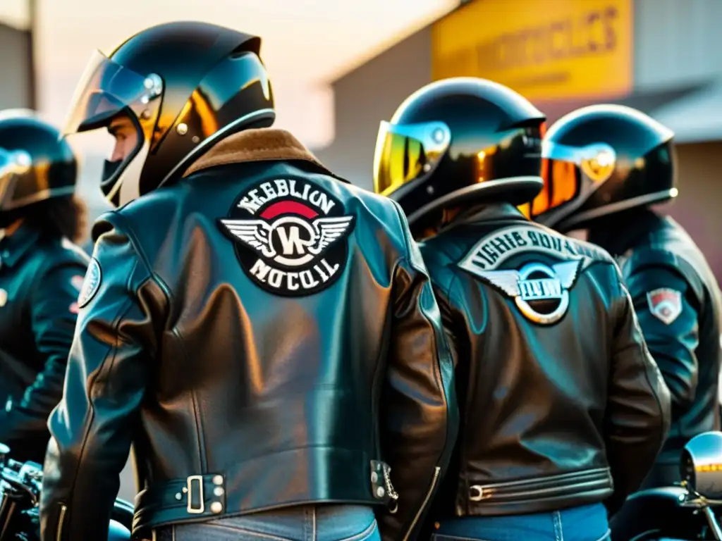 Un grupo de motociclistas con chaquetas de cuero y parches, listos para una aventura en sus motocicletas vintage