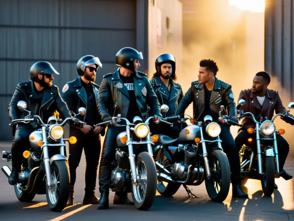 Un grupo de motociclistas con estilo en una escena urbana, expresando moda motociclista como expresión de determinación y rebeldía