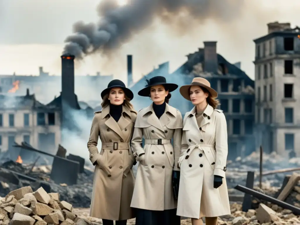 Grupo de mujeres con abrigos y sombreros anchos en una ciudad destruida, reflejando el impacto de las guerras mundiales en la moda