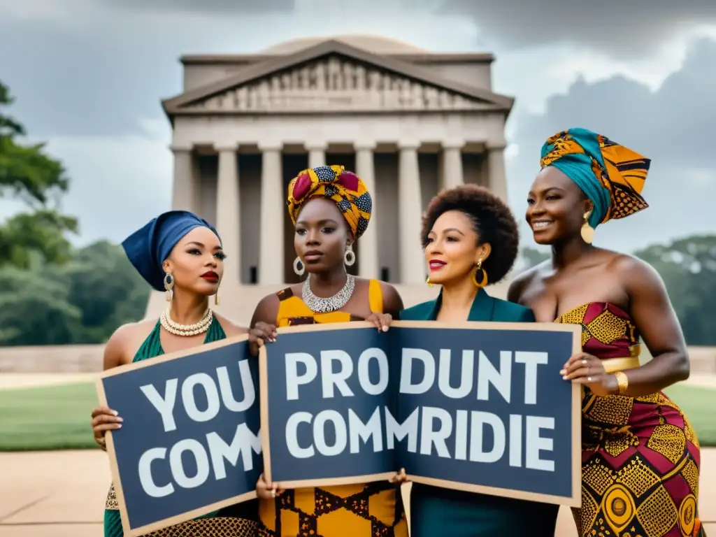 Grupo de mujeres afroamericanas en atuendos tradicionales frente a un monumento de derechos civiles, exhibiendo empoderamiento y orgullo cultural