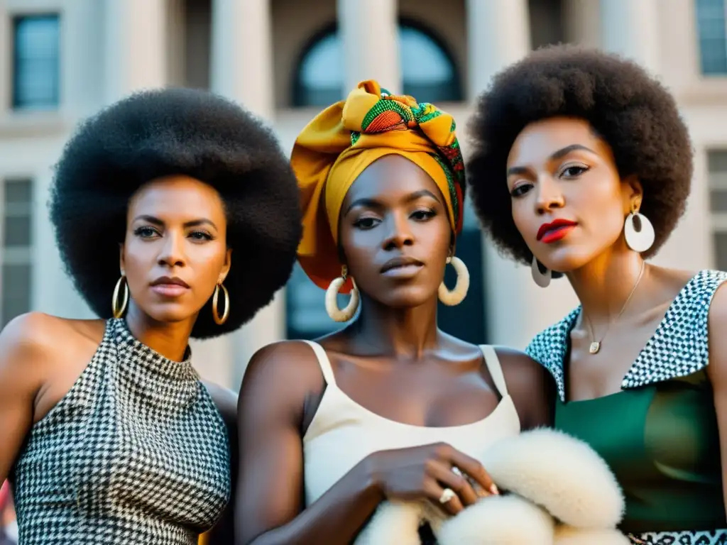 Grupo de mujeres afroamericanas con moda influenciada por Black Power, llevando turbantes coloridos y afros, mostrando empoderamiento y determinación