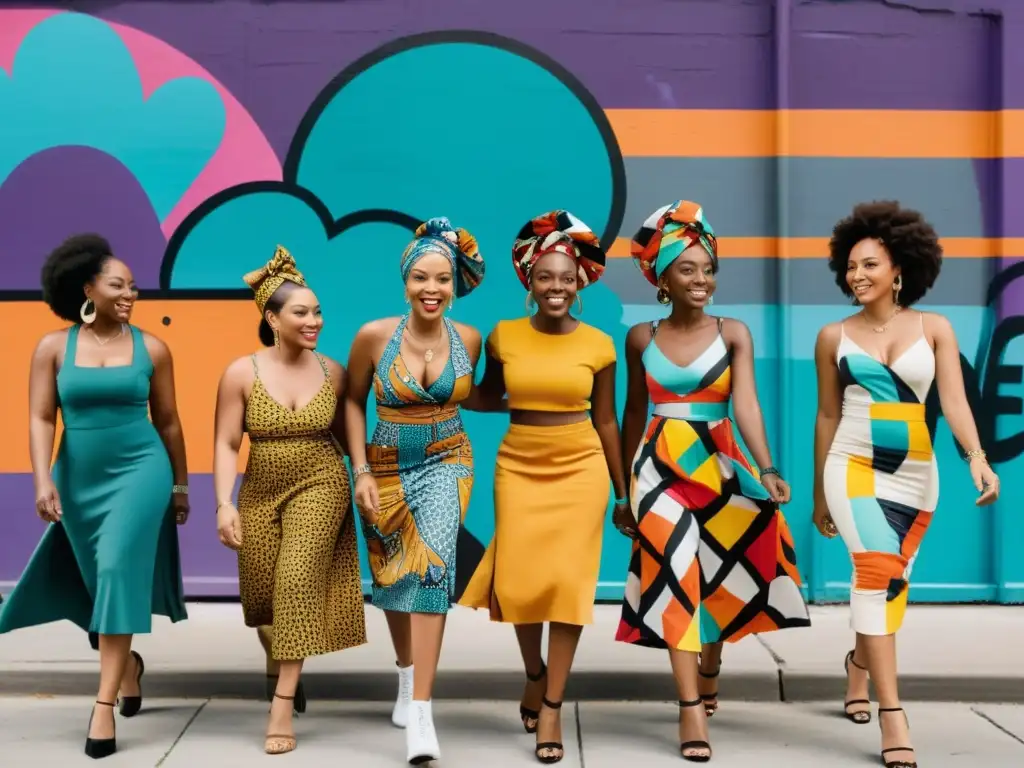 Grupo de mujeres afroamericanas con moda influenciada por Black Power, caminan con confianza en entorno urbano vibrante