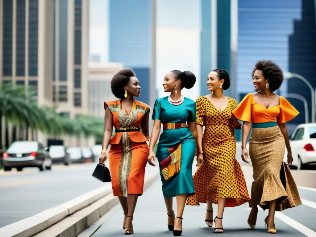 Grupo de mujeres afroamericanas con trajes tradicionales vibrantes caminando seguras en la ciudad