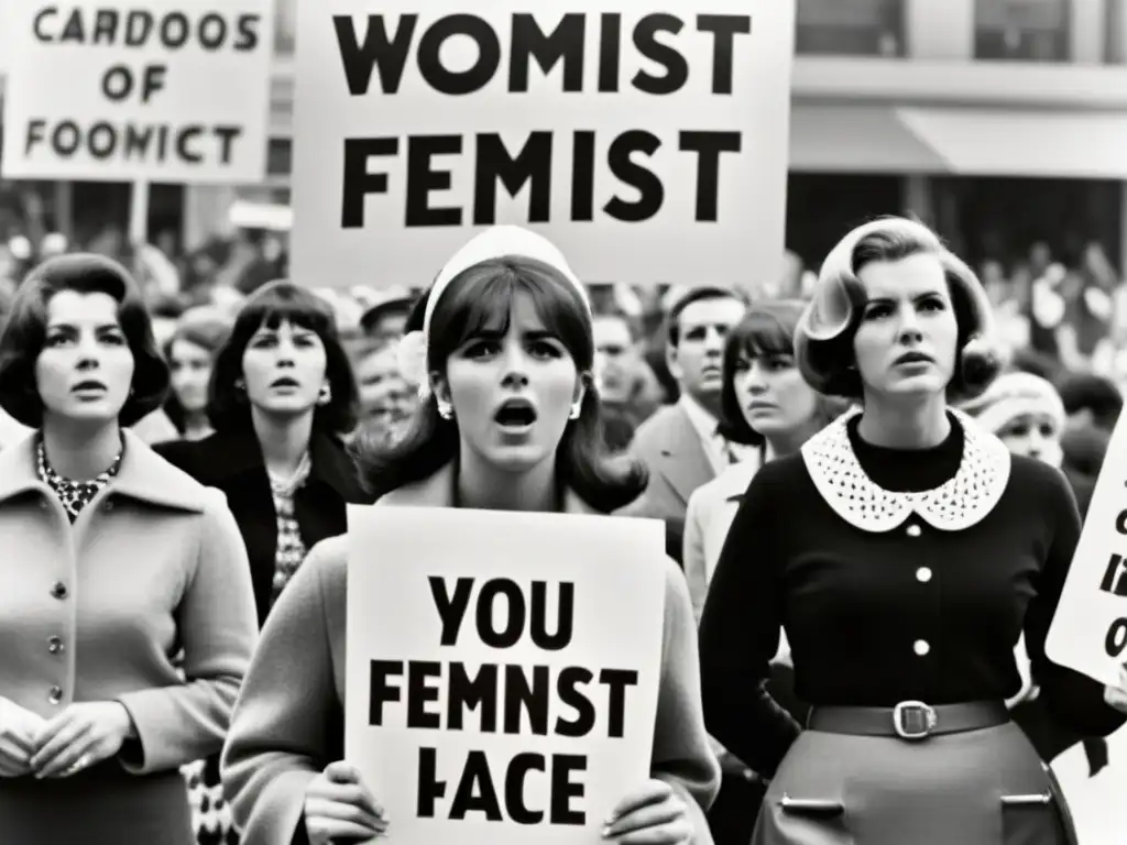 Un grupo de mujeres de los años 60 en una protesta con minifaldas, expresando valentía y determinación