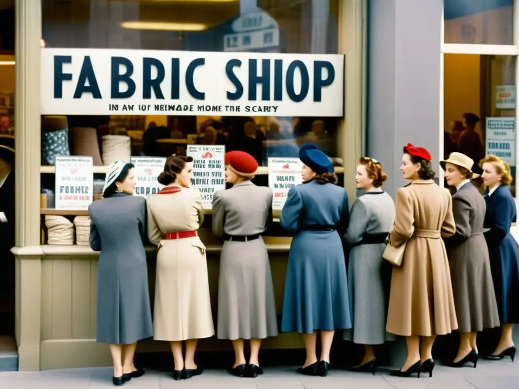 Grupo de mujeres en Europa de los años 40 esperando afuera de una tienda de racionamiento, reflejando el impacto cultural en la moda europea