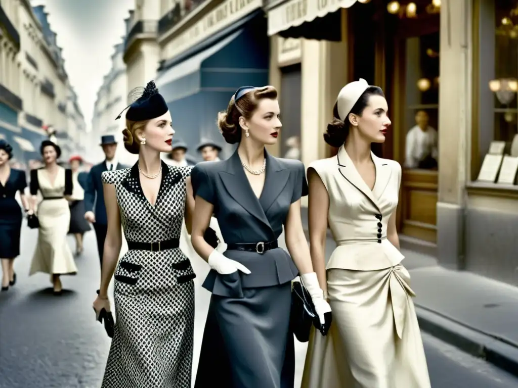 Grupo de mujeres en París de los años 40, con trajes de alta costura, caminando con determinación entre escombros