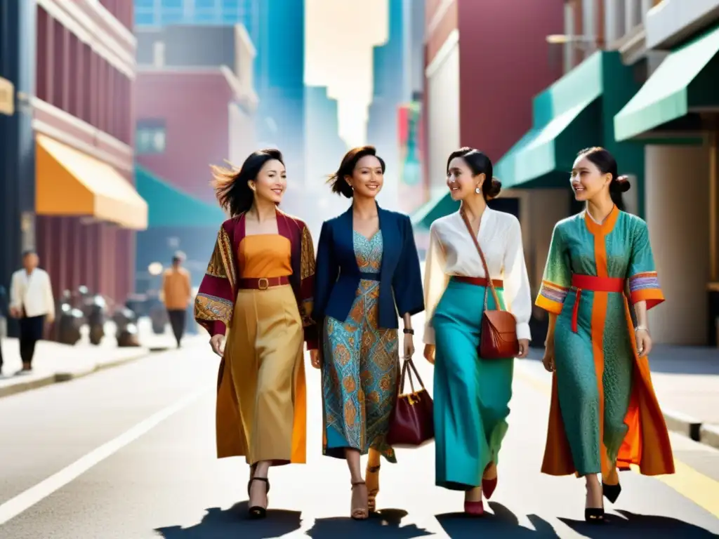 Grupo de mujeres asiáticas empoderadas, con moda modesta única, fusionando tradición y modernidad en la bulliciosa ciudad