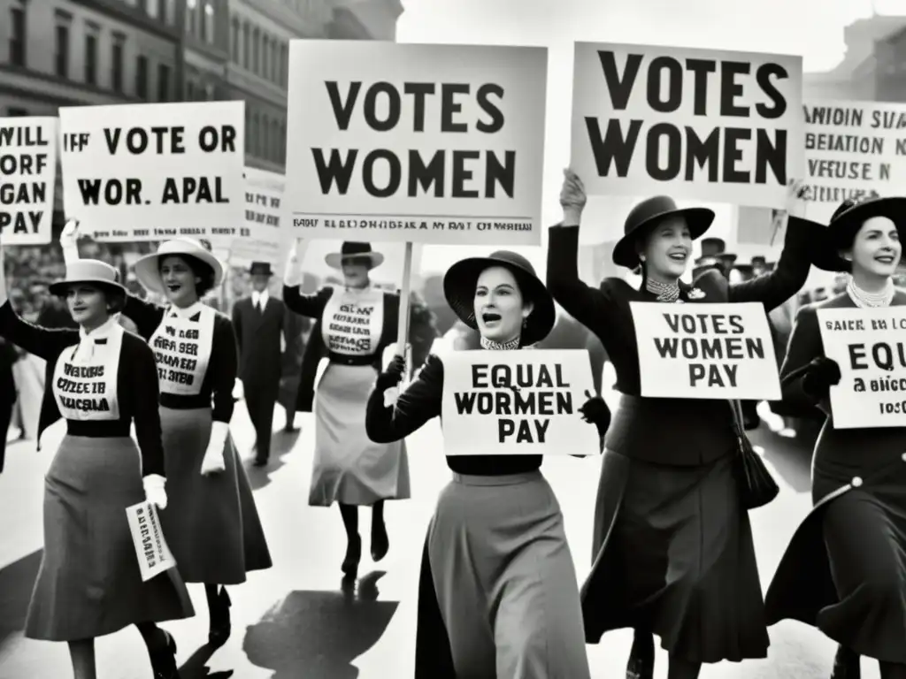 Grupo de mujeres en atuendo de principios del siglo XX marchando por los derechos de la mujer, evocando la evolución moda femenina primera ola