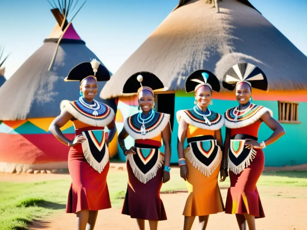 Grupo de mujeres Zulu bailando en atuendos tradicionales frente a chozas geométricas vibrantes en una aldea rural