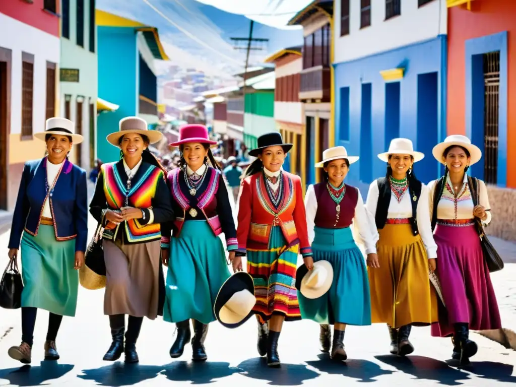 Un grupo de mujeres Aymara desfila con elegancia en las calles de La Paz, Bolivia, destacando la moda de las mujeres aymaras en un contraste dinámico con la ciudad