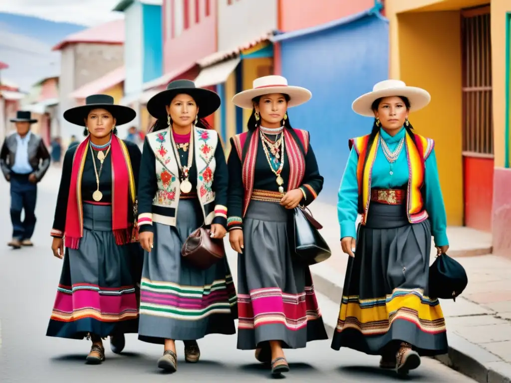 Grupo de mujeres aymaras, conocidas como cholitas, luciendo su colorida moda tradicional en la ciudad