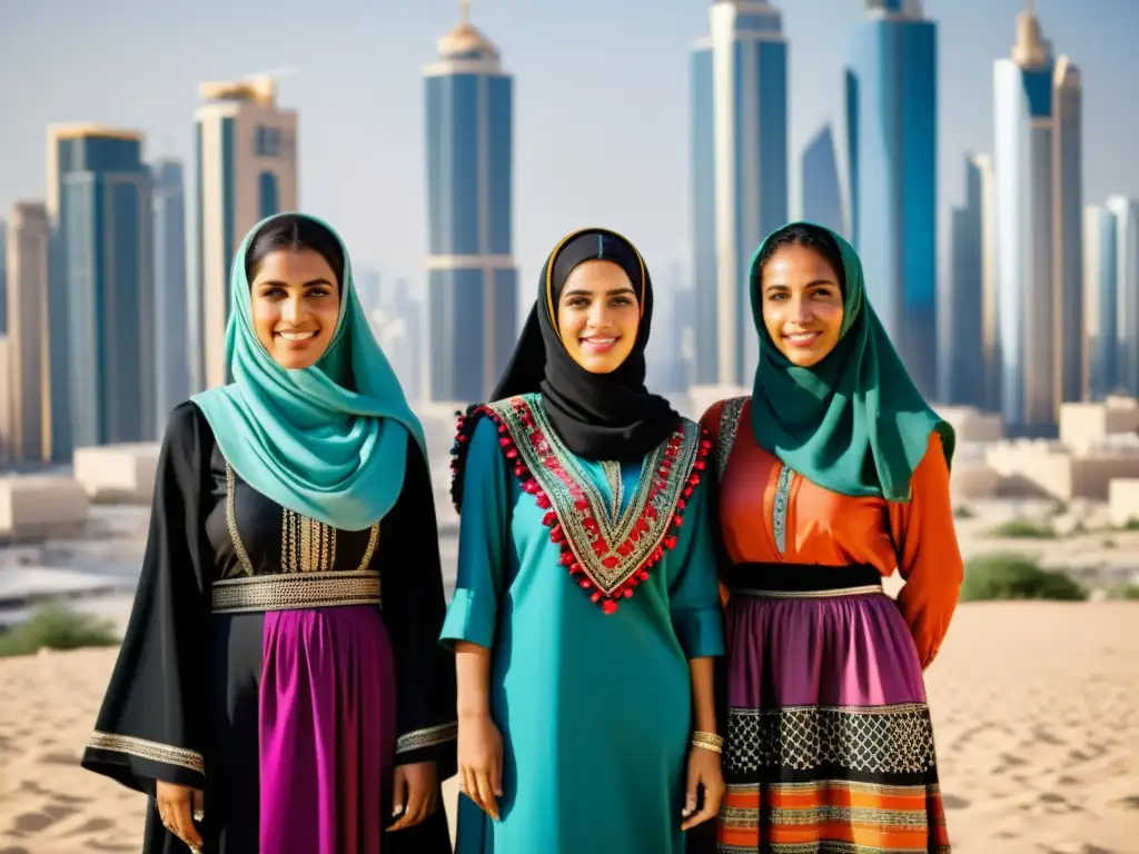 Grupo de mujeres beduinas con coloridos vestidos tradicionales y pañuelos, en contraste con modernos rascacielos