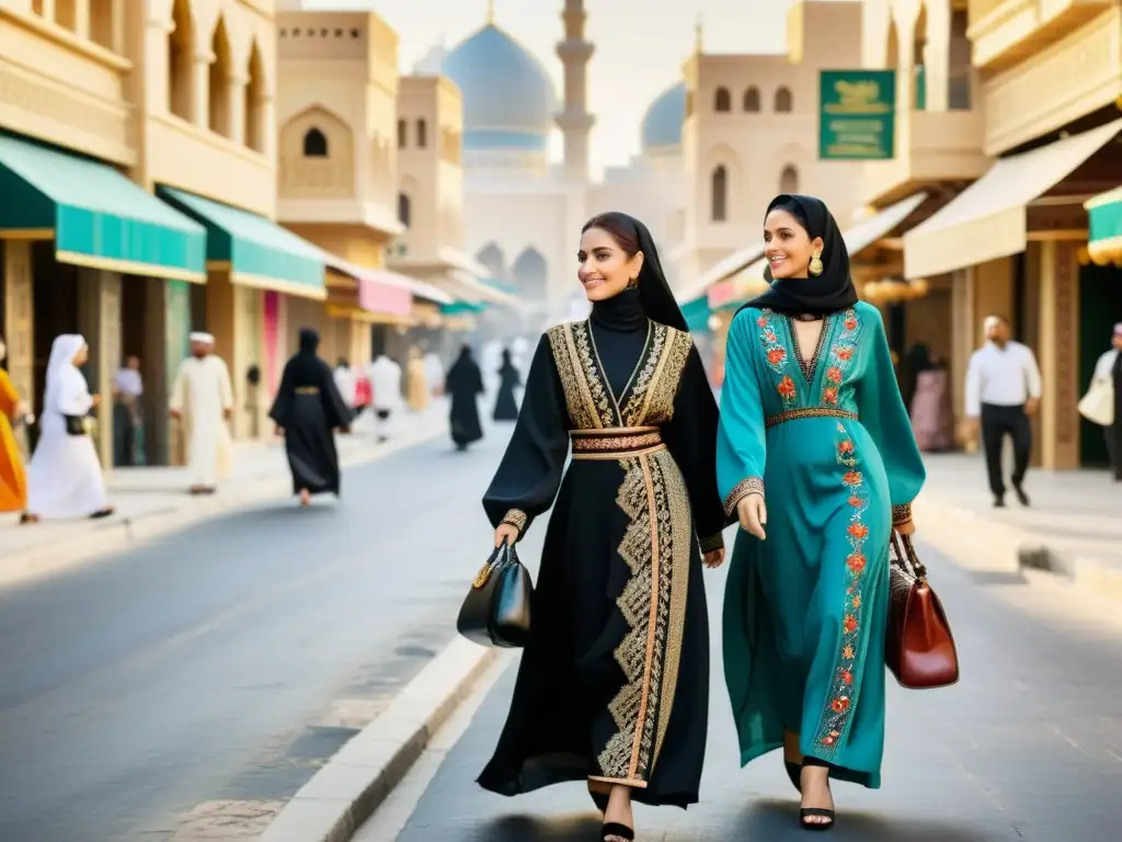 Un grupo de mujeres camina por una bulliciosa calle del Medio Oriente luciendo abayas únicas y detalladamente diseñadas