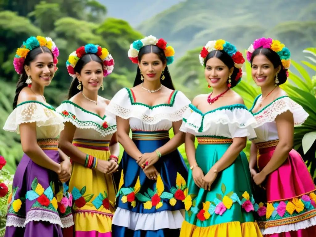 Grupo de mujeres colombianas luciendo hermosos trajes típicos pollera en un entorno festivo y natural