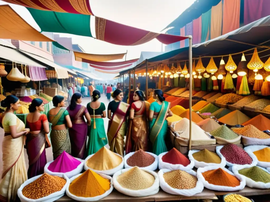 Un grupo de mujeres viste coloridos saris en un bullicioso mercado indio, evocando la historia y moda india impacto global