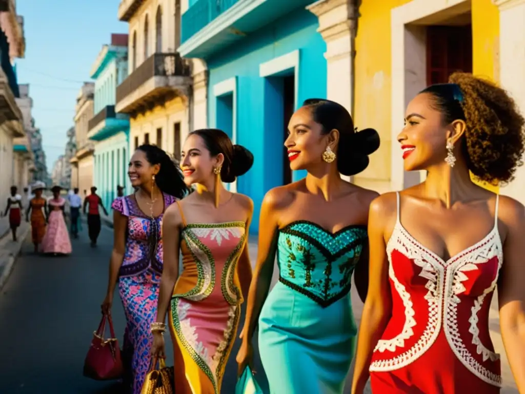 Un grupo de mujeres viste coloridos vestidos con impactante bordado y patrones, caminando por una bulliciosa calle de La Habana