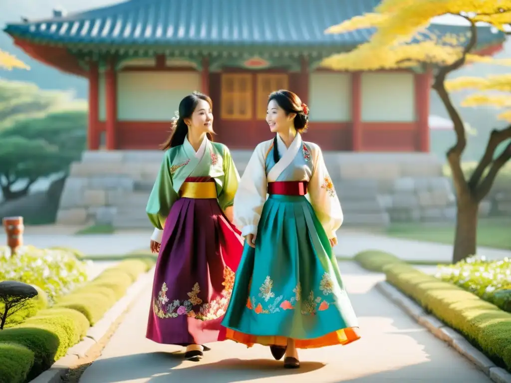 Un grupo de mujeres coreanas viste hanbok en colores vibrantes mientras pasean en un jardín