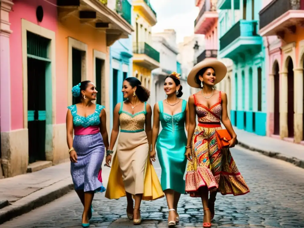 Un grupo de mujeres cubanas pasea por las calles de La Habana luciendo vestidos coloridos y artesanales