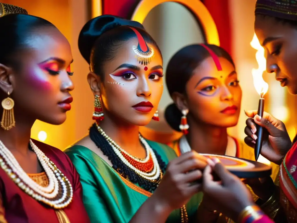 Un grupo de mujeres de distintas culturas aplicando maquillaje ceremonial con determinación, bajo la cálida luz de las velas