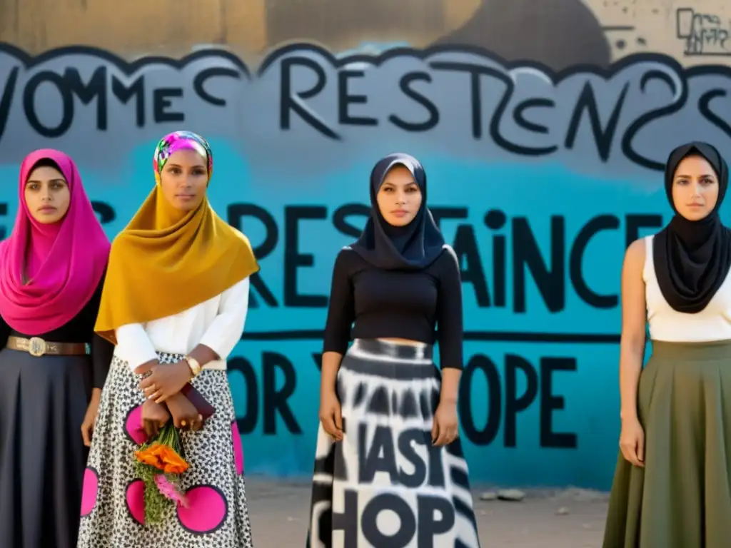 Un grupo de mujeres desafiantes despliegan moda como herramienta de resistencia frente a soldados armados, en un mural de esperanza y resistencia