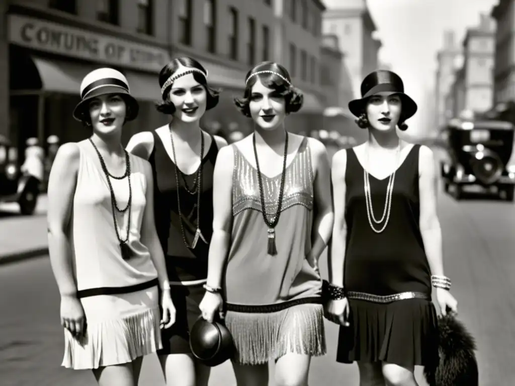 Grupo de mujeres desafiantes en la moda de los años 20, con vestidos atrevidos y actitud rebelde en la ciudad