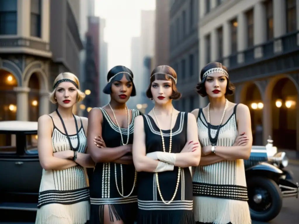 Un grupo de mujeres desafiantes en vestidos de los años 20, reflejando el impacto de las guerras mundiales en la moda