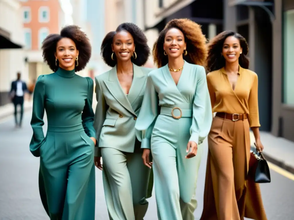 Moda modesta: Mujeres seguras en la ciudad Un grupo de mujeres diversas caminan con confianza por la ciudad, luciendo moda modesta que reconfigura la expresión personal