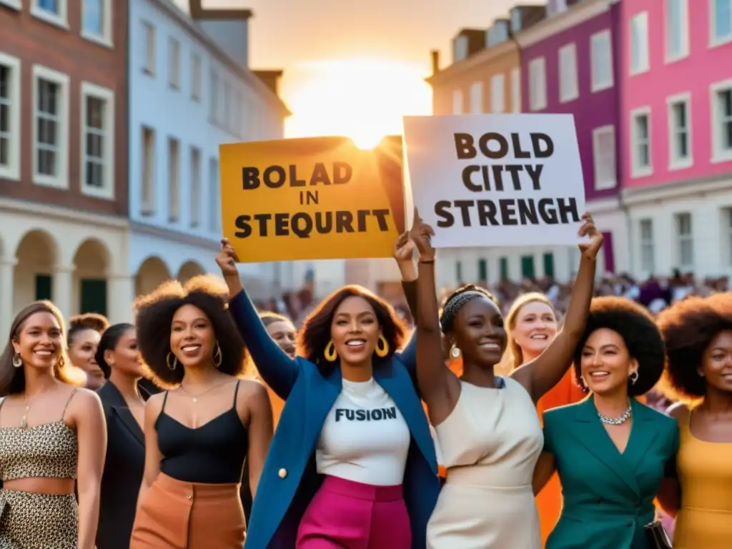 Un grupo de mujeres diversas viste moda feminista impactando la cultura contemporánea en una plaza vibrante al atardecer