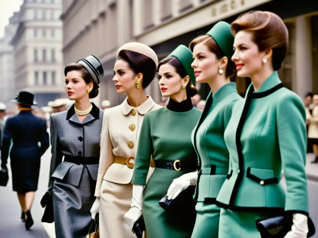 Grupo de mujeres elegantes de la alta costura y liberación femenina paseando con confianza en la ciudad de los años 60